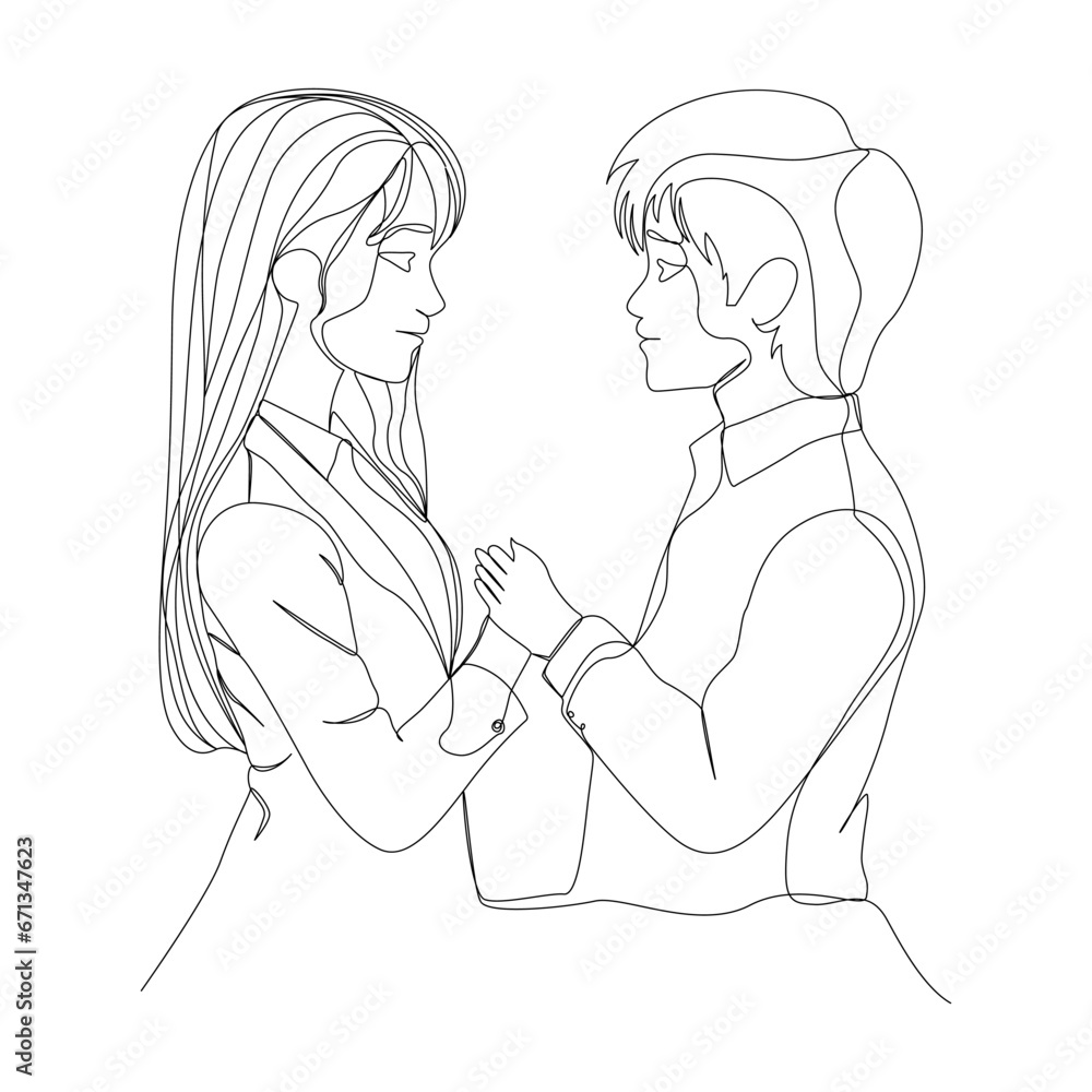 Man talking with a woman couple in continuous line art drawing style. Black linear sketch isolated on white background. Vector illustration. Valentines day minimalist modern drawing.