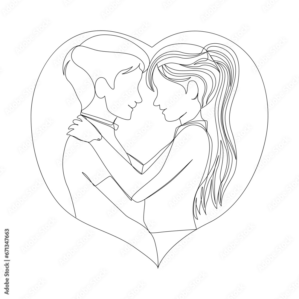 Drawn with a continuous line. Man and woman hug and look each other in the eye. Valentines day minimalist modern drawing.