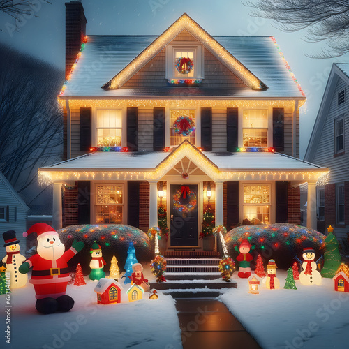 Cozy American House with Vibrant Christmas Lights  Festive Wreaths  and Cheerful Inflatable Holiday Characters on a Snowy Night