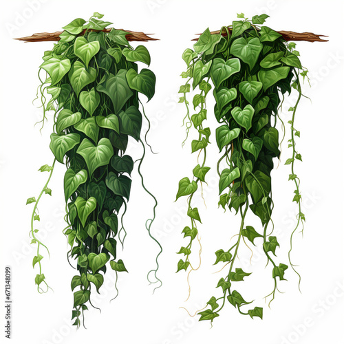 Hanging jungle vine plant bush of Bush grape or three-leaved wild vine carats. Ivy green with leaf or a trail of realistic ivy leaves.