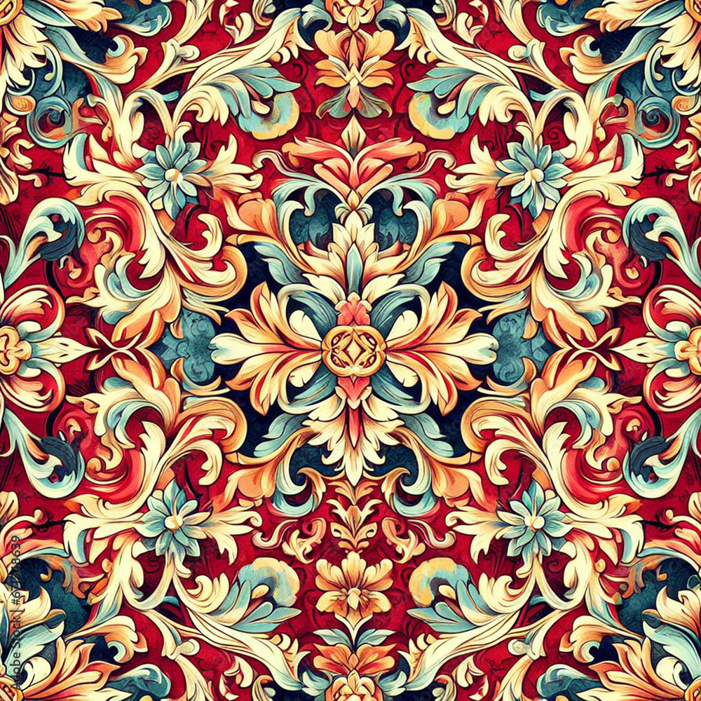 Seamless pattern texture with damask ornament with colorful. decorative elements. Hand drawn Vintage background.
