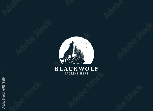 silhouette illustration of Howling Wolf with Moon logo design