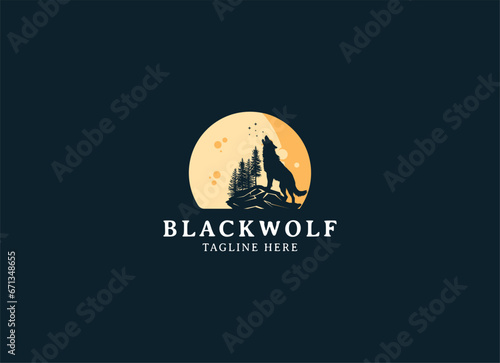 silhouette illustration of Howling Wolf with Moon logo design © Alvins Creative