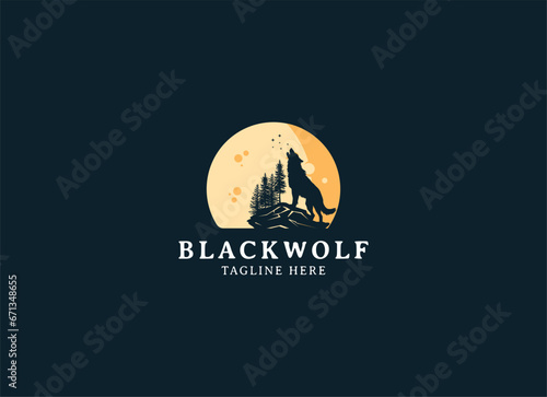 silhouette illustration of Howling Wolf with Moon logo design