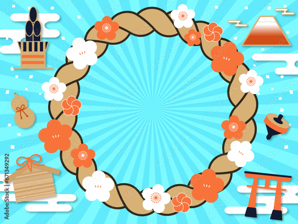 Obraz premium 年賀状やチラシに使えるお正月のフレーム背景/青