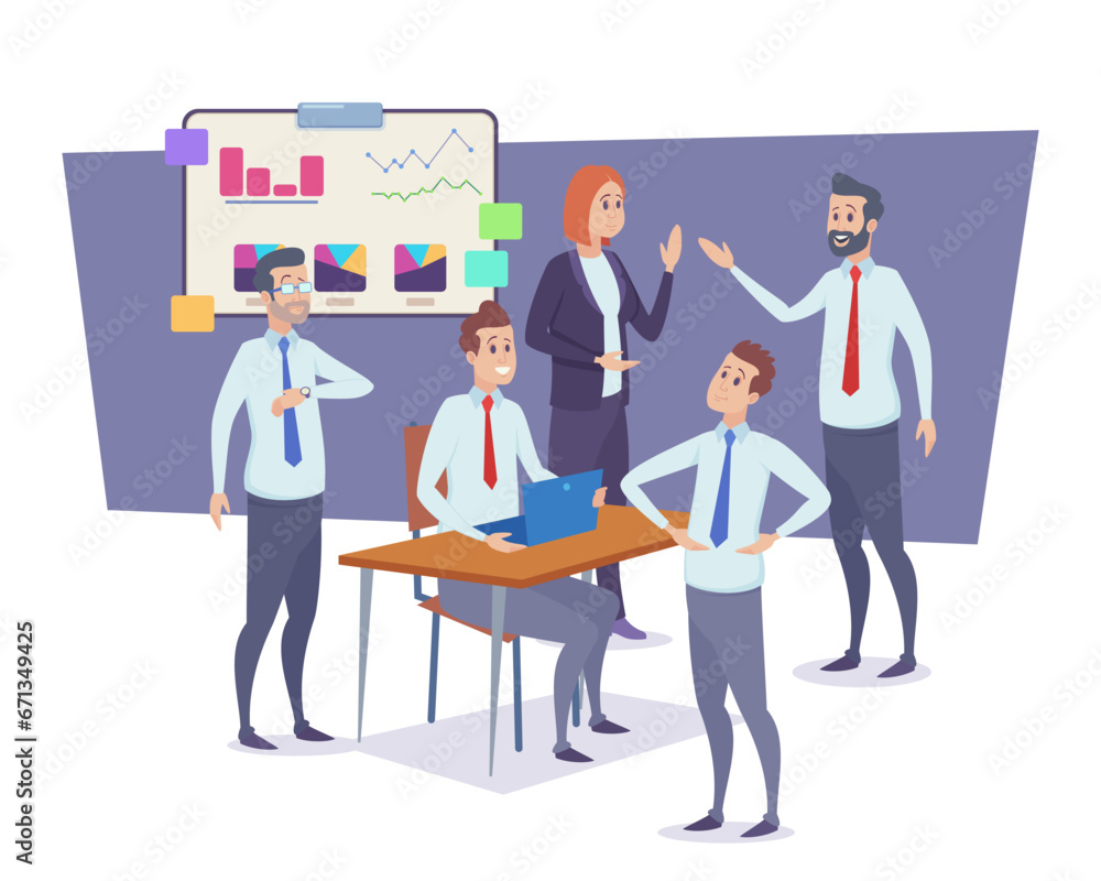 Business meeting and teamwork concept. Colleagues using laptop for business analysis, communication, brainstorming. Flat vector illustration Business meeting and teamwork concept. Colleagues using laptop for business analysis, communication, brainstorming. Flat vector illustration