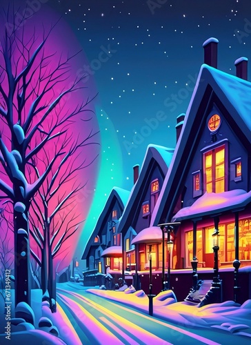 house in winter, neighborhood in winter at night, snowy house with aurora, house, snow, night, christmas, new year, landscape