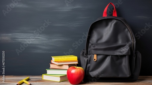 back to school: educational essentials - backpack, books, and supplies with blackboard background