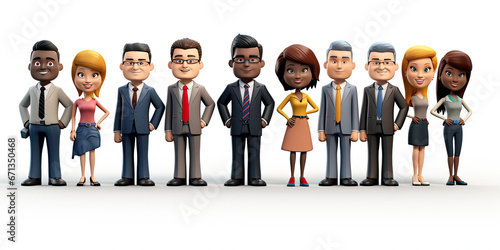 3D cartoon character of multi ethnic group business people, full body person isolated on white background