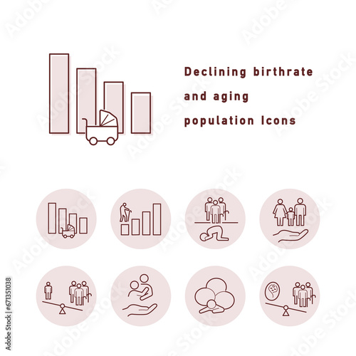 少子高齢化と少子化対策に関するアイコンイラスト（円形・カラー）のセット