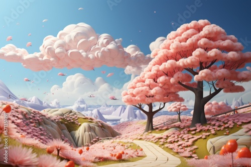 Springtime landscape with vibrant cartoon trees on a hill, Generative AI