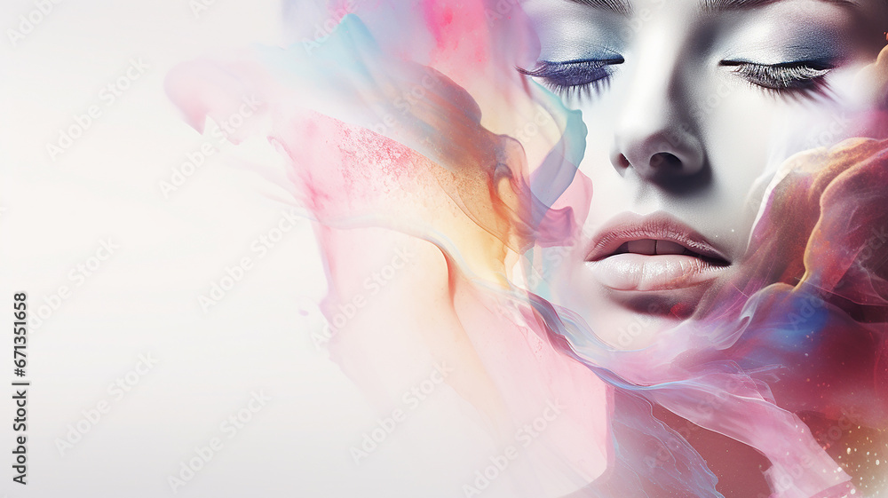 Beautiful female face with abstract colorful powder Beautiful female face with abstract colorful powder