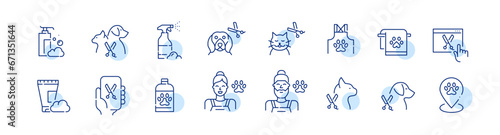 Pet grooming salon. Taking care of cats and dogs. Veterinarian services. Pixel perfect, editable stroke icon