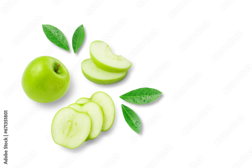Green apple with sliced and green leaves isolated on white background. fruit concept. Green apple with sliced and green leaves isolated on white background. fruit concept.