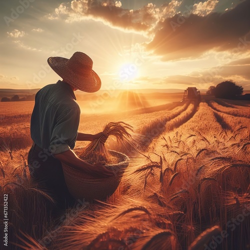 Sunset over field and farmer harving working concept agriculture photo