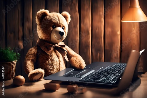 Cute Teddy Bear With A Wireless Keyboard In Front Of An Imaginary Computer Screen At Wooden Wall