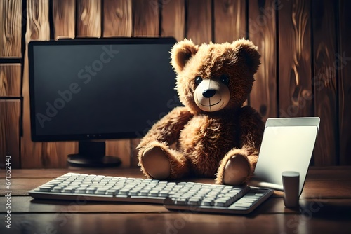 Cute Teddy Bear With A Wireless Keyboard In Front Of An Imaginary Computer Screen At Wooden Wall