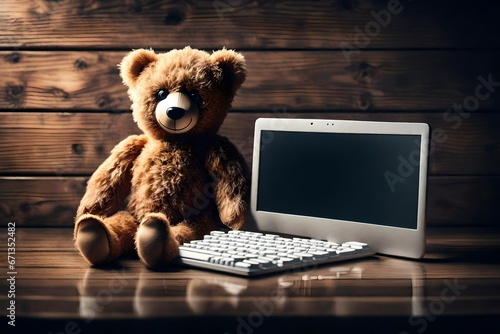 Cute Teddy Bear With A Wireless Keyboard In Front Of An Imaginary Computer Screen At Wooden Wall