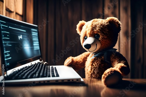 Cute Teddy Bear With A Wireless Keyboard In Front Of An Imaginary Computer Screen At Wooden Wall