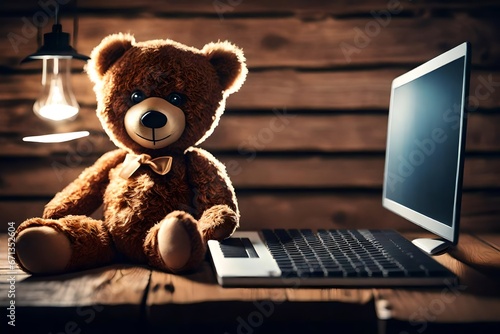 Cute Teddy Bear With A Wireless Keyboard In Front Of An Imaginary Computer Screen At Wooden Wall