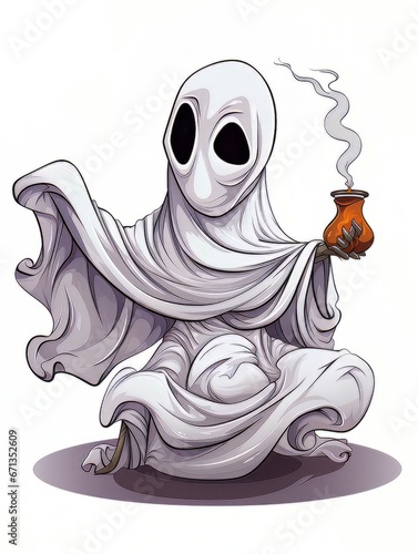 Cartoon white ghost with smoking incense on white background isolated, AI