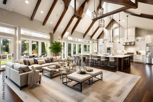 Beautiful living room interior in new luxury home with view of kitchen. Home interior with hardwood floors and open floorplan showing dining room, kitchen, and living room.  photo