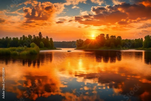 Orange summer sunset on the Russian river Volga
