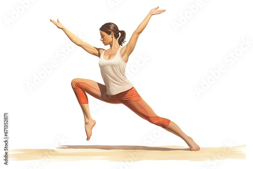 Young woman doing yoga exercise, isolated on white background. Vector illustration, Young woman practicing yoga in the Virabhadrasana II position, rear side view, AI Generated photo