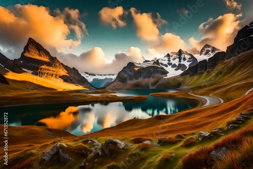 Fantastic evening panorama of Bachalp lake   Bachalpsee  Switzerland. Picturesque autumn sunset in Swiss alps  Grindelwald  Bernese Oberland  Europe. Beauty of nature concept 