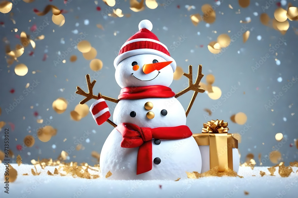 Christmas greeting card template 3D cute snowman holding gift, cute snowman hugs you. Winter holiday background 