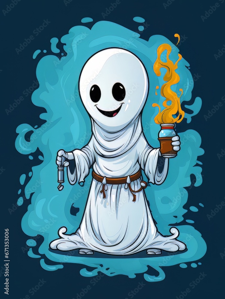 Cartoon white ghost in the smoke with smoking incense, AI Cartoon white ghost in the smoke with smoking incense, AI