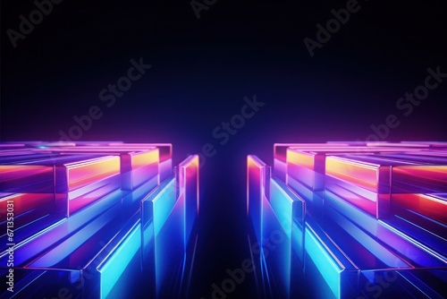 Colorful prisms emitting neon lights amidst darkness. Abstract symmetry futuristic background