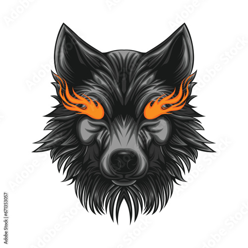Black wolf head with orange horns Vector illustration on white background
