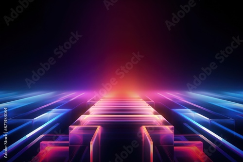 Colorful prisms emitting neon lights amidst darkness. Abstract symmetry futuristic background