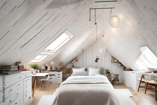 nterior of the cute small attic bedroom with cozy minimal mix scandinavian style  photo