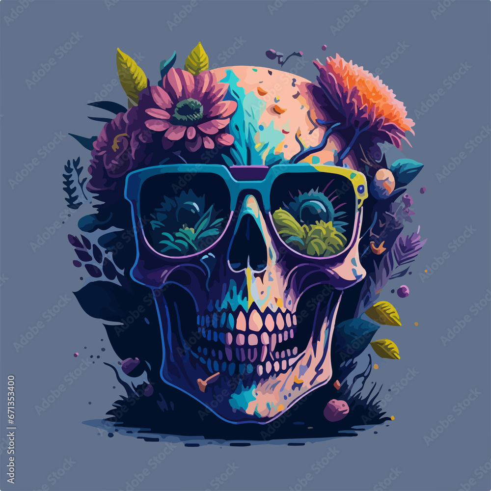 Elevate your fashion mind with this striking t-shirt design, showcasing a vividly colored skull with sunglasses and surrounded by beautiful floral accents. Elevate your fashion mind with this striking t-shirt design, showcasing a vividly colored skull with sunglasses and surrounded by beautiful floral accents.