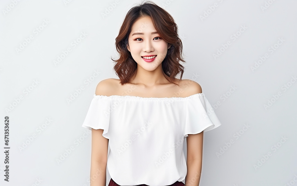 Portrait of young beautiful asian woman cheerfuly smiling looking at camera. Girl with black hair isolated on white background Portrait of young beautiful asian woman cheerfuly smiling looking at camera. Girl with black hair isolated on white background