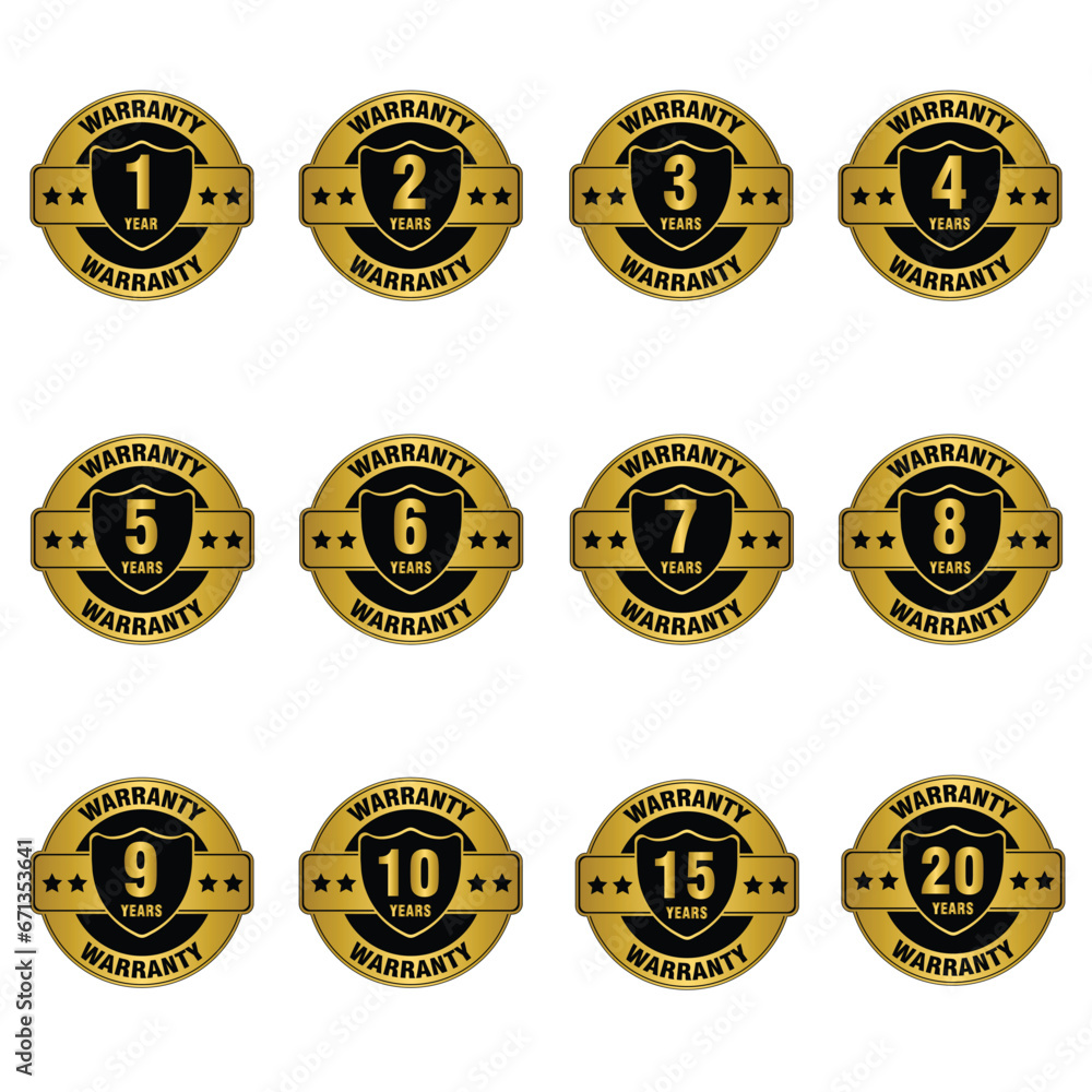 Naklejka premium Set of years warranty golden labels, collection of year warranty gold badges