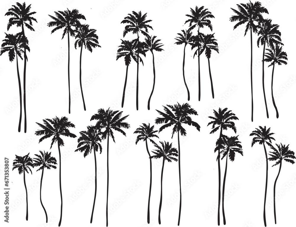 Black palm tree set vector illustration on white background silhouette art black white stock illustration png