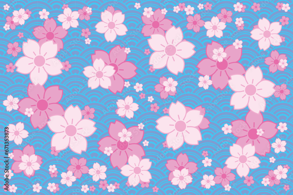 Illustration, Pattern of pink cherry blossom flower on japan wave background.