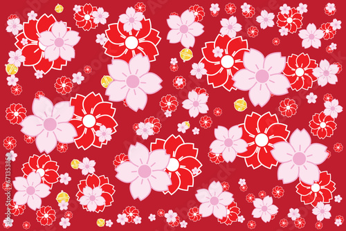 Illustration, Pattern of cherry blossom flower with small bell on red background.