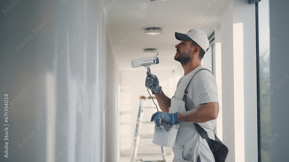 Painter work with white wall using paint roller, renovating with white color paint Painter work with white wall using paint roller, renovating with white color paint