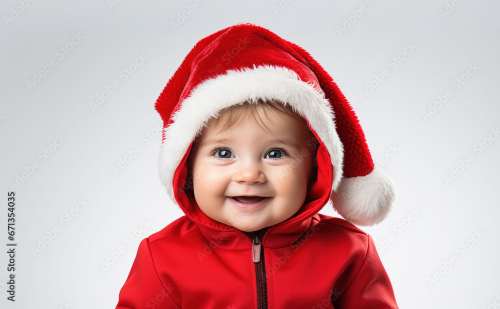 Delighted toddler in cozy red winter hood smiling gleefully against a light, neutral background. Delighted toddler in cozy red winter hood smiling gleefully against a light, neutral background.