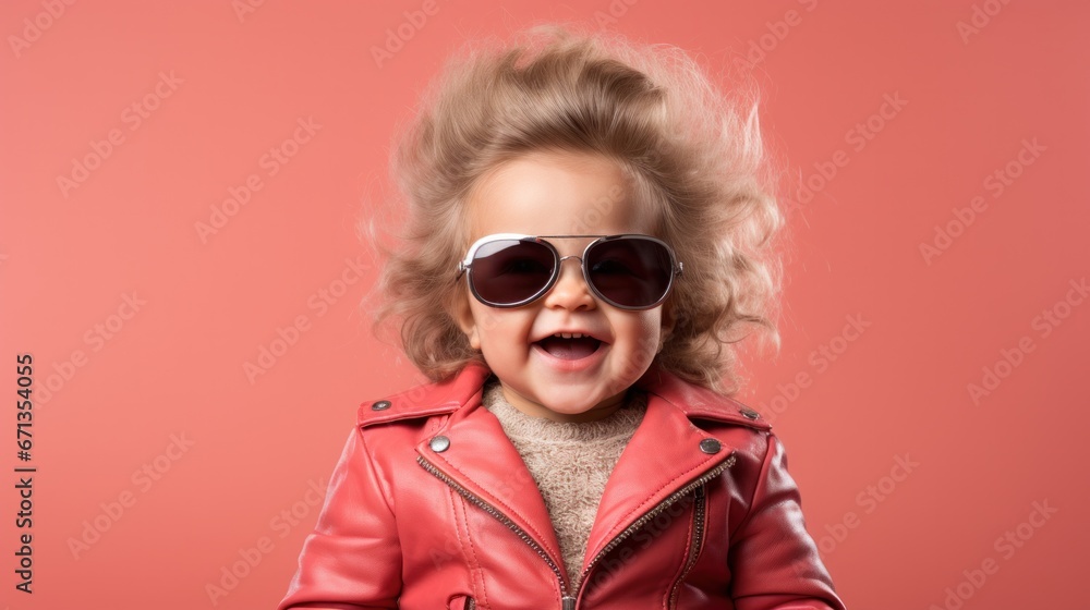 Excited young child with windblown hair and sunglasses against a pink backdrop.