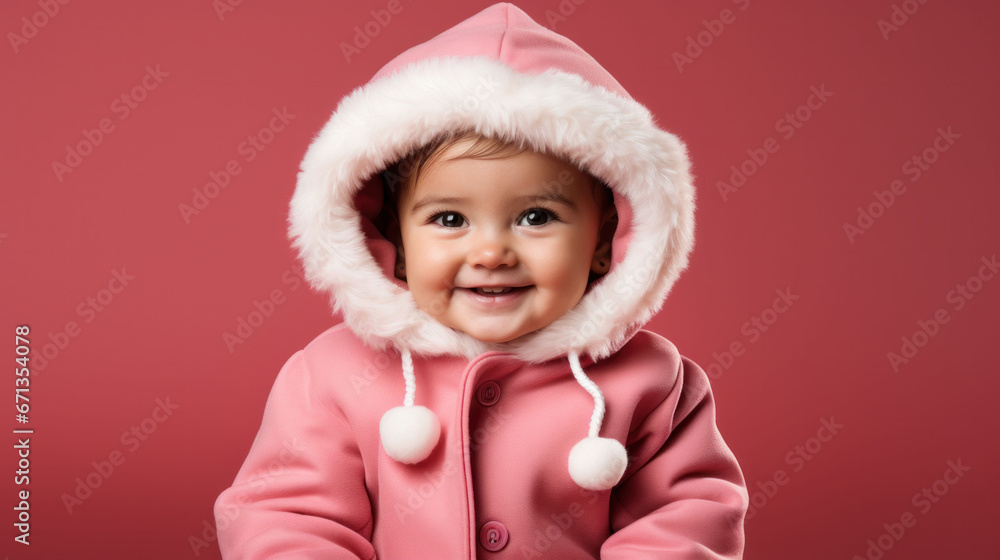 Adorable child in pink fluffy hoodie with white pom-poms, on a rosy background. Adorable child in pink fluffy hoodie with white pom-poms, on a rosy background.
