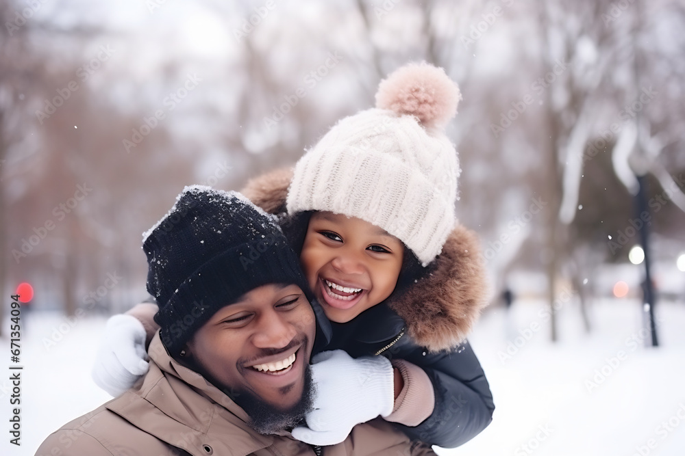 Happy father having fun outdoor with his son playing outdoor in winter forest Happy father having fun outdoor with his son playing outdoor in winter forest