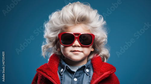 Little boy with large white fluffy hair wearing sunglasses and a red jacket.