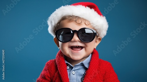 Joyful toddler boy in Christmas hat and sunglasses against a blue backdrop  looking cheerful.