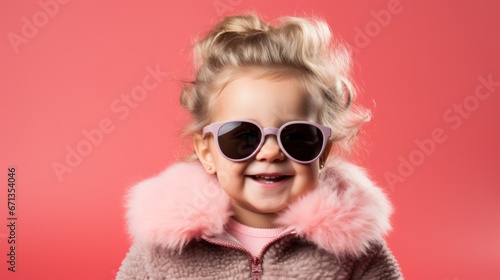 Adorable young girl in winter attire with sunglasses smiling against a pink background. © Liana