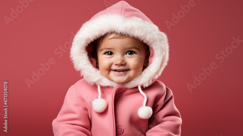 Adorable child in pink fluffy hoodie with white pom-poms, on a rosy background.